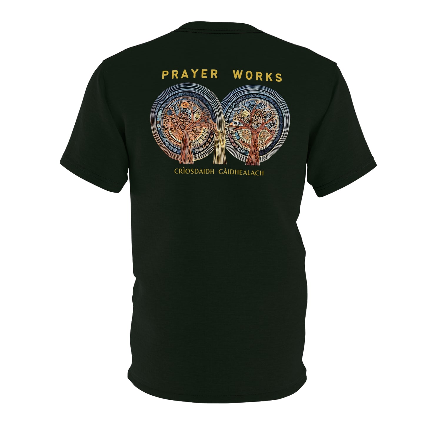 "Prayer Works – Gaelic Christian", Wearable Fine Art Unisex T-shirt (Blackstone Green)