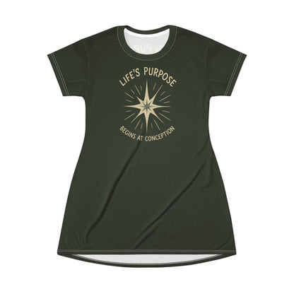 "Life's Purpose Begins at Conception #02", T-Shirt Dress (Black Mesa Green)