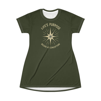"Life's Purpose Begins at Conception #02", T-Shirt Dress (Commando Green)