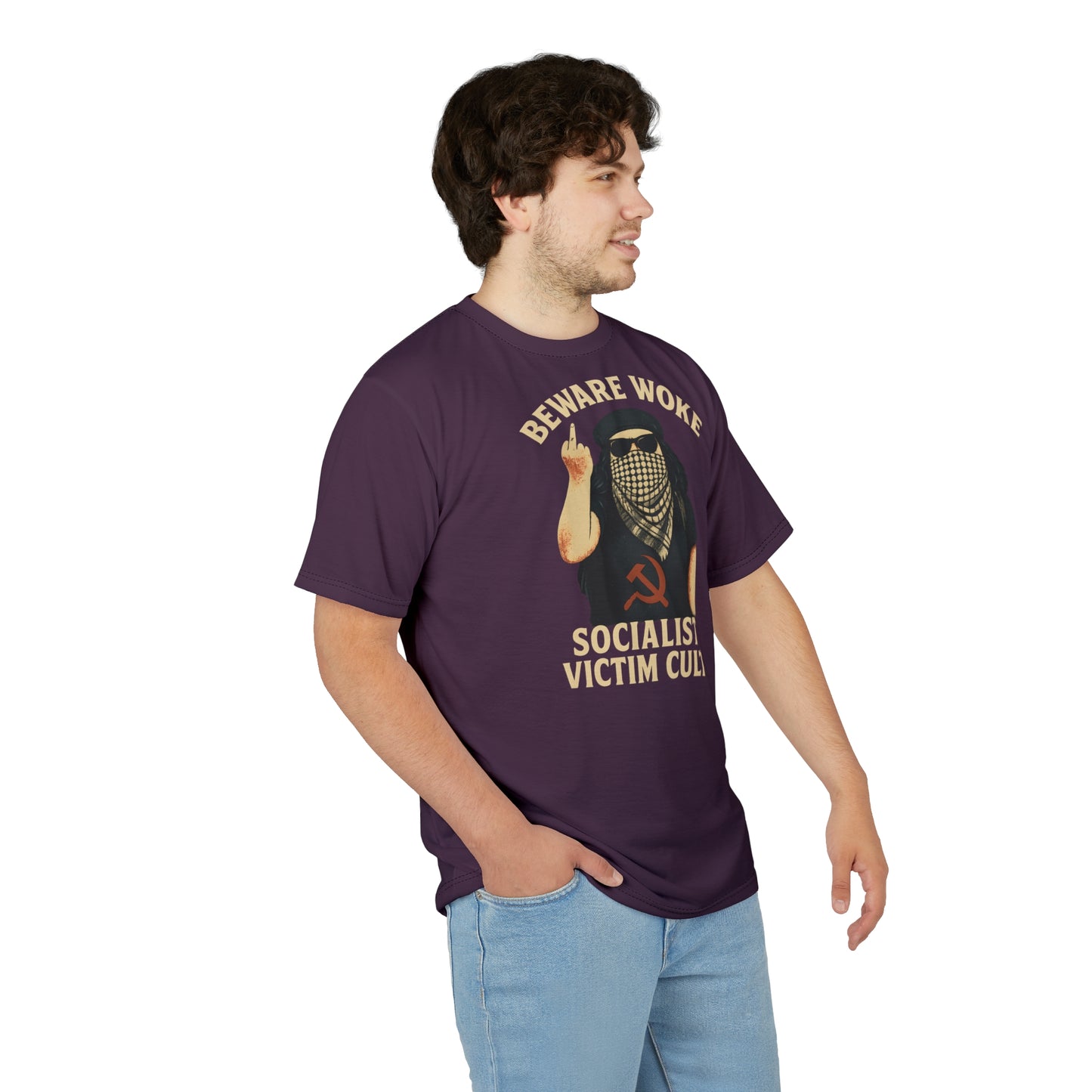 "Beware Woke - Voltaire", Wearable Art Unisex T-shirt (Blackberry Wine)