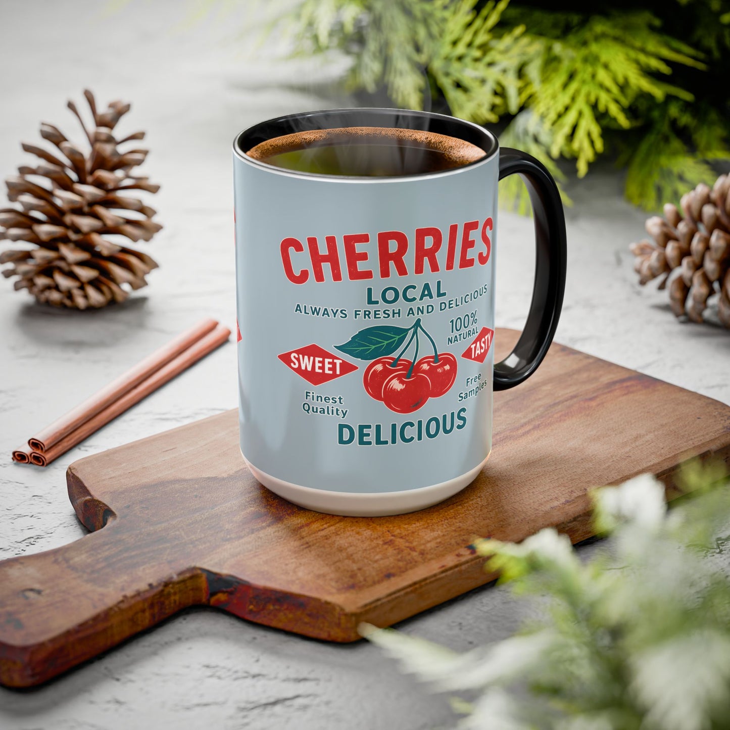 "Delicious Cherries", Colorful Mugs (11oz, 15oz) (Washed Silver-Blue)
