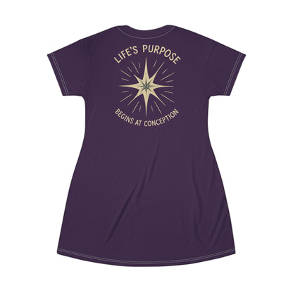 "Life's Purpose Begins at Conception #02", T-Shirt Dress (Imperial Plum)