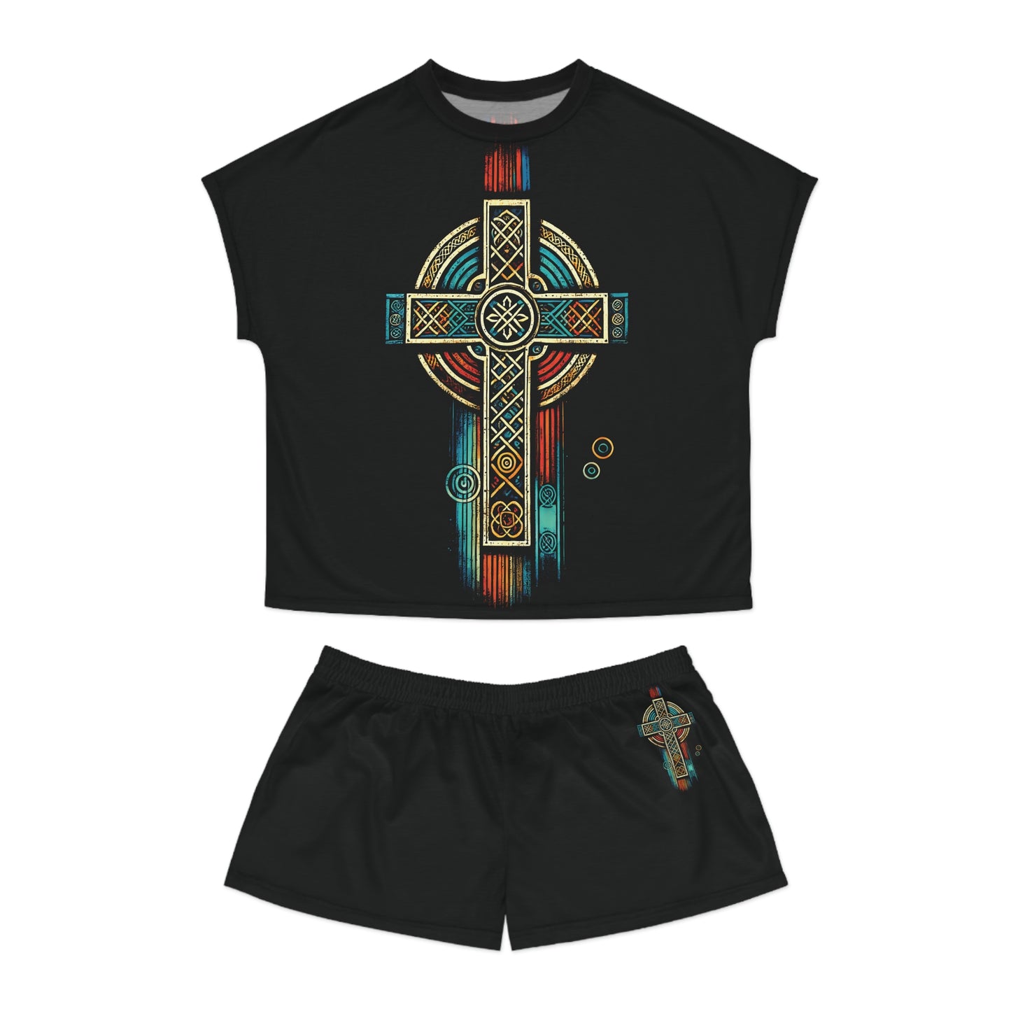 "Ancestral Faith", Wearable Art Women's Short Pajama Set (Black Collar)
