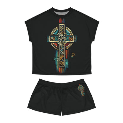 "Ancestral Faith", Wearable Art Women's Short Pajama Set (Black Collar)