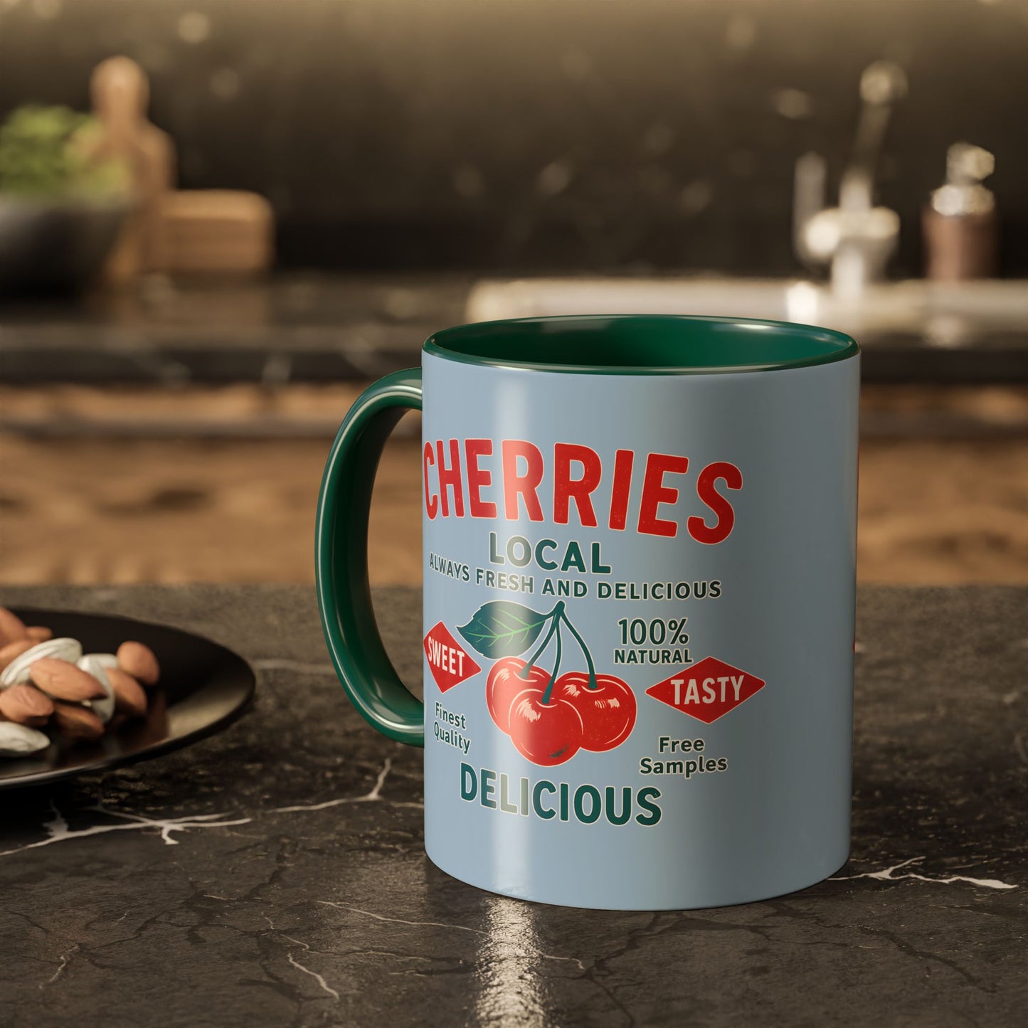 "Delicious Cherries", Colorful Mugs (11oz, 15oz) (Retro Sky)