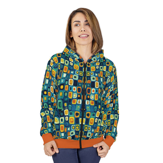"Soul Mosaic", Unisex Wearable Art Zip Hoodie (Metallic Orange Cuffs & Waistband)