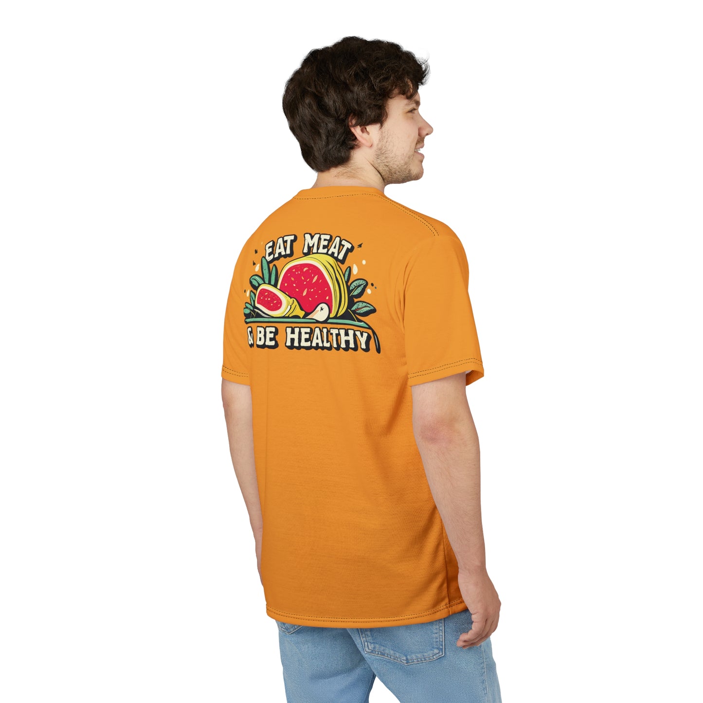 "Eat Meat & Be Healthy", Unisex T-shirt (Deep Saffron)