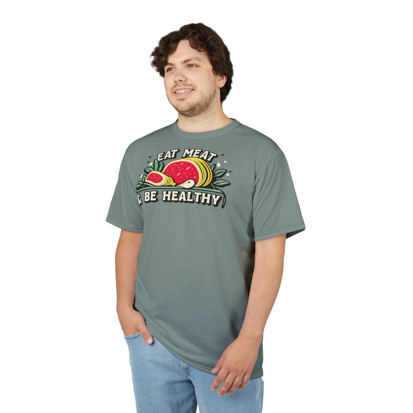 "Eat Meat & Be Healthy", Unisex T-shirt (Hebridean Flint)
