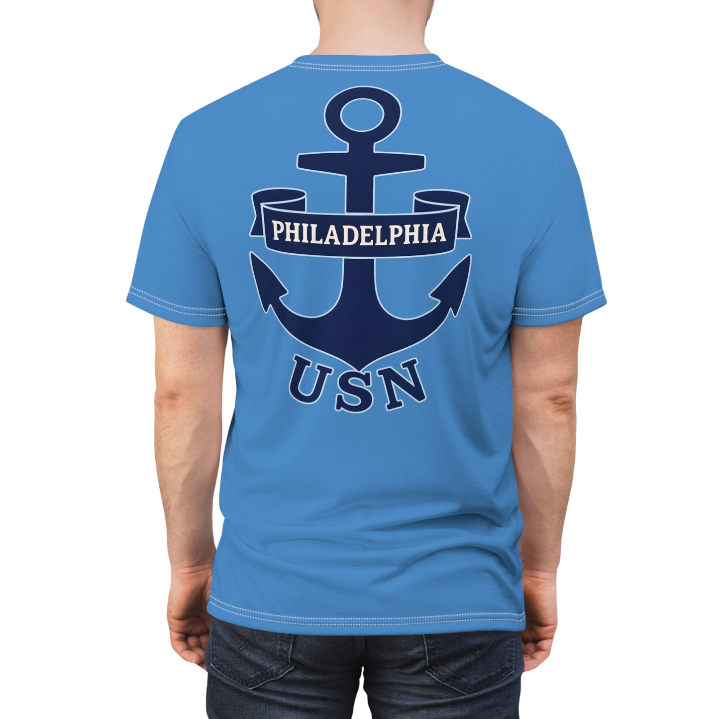 "USN Anchor", Unisex T-shirt (Pop Cyan-Atlantic Blue)