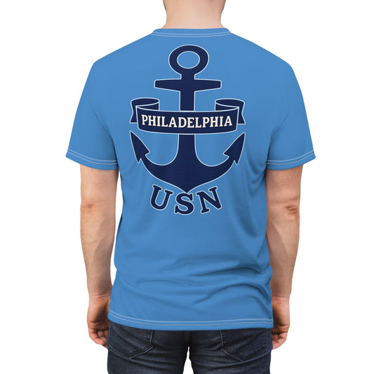 "USN Anchor", Unisex T-shirt (Pop Cyan-Atlantic Blue)