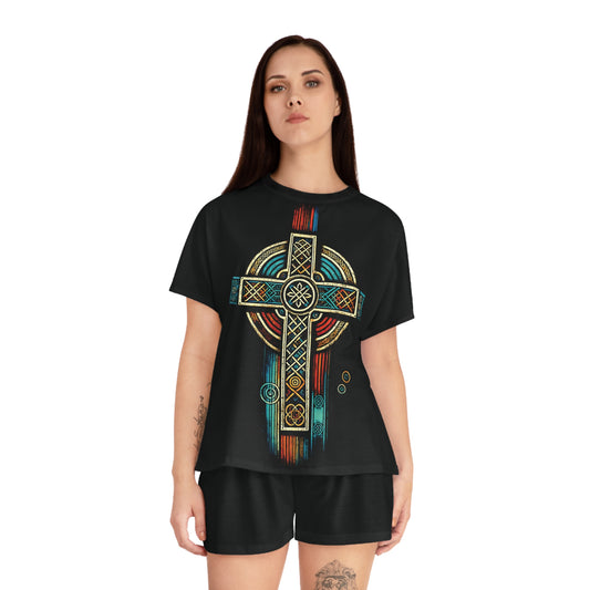 "Ancestral Faith", Wearable Art Women's Short Pajama Set (Black Collar)
