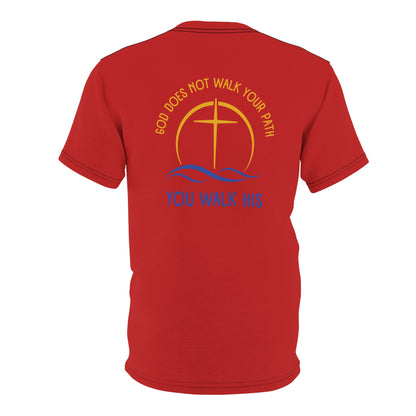 "God Does Not Walk Your Path", Unisex T-shirt (Light Cherry Red)