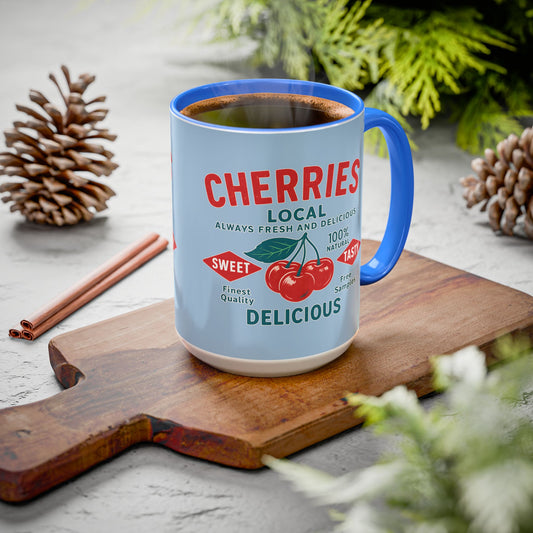 "Delicious Cherries", Colorful Mugs (11oz, 15oz) (Retro Sky)