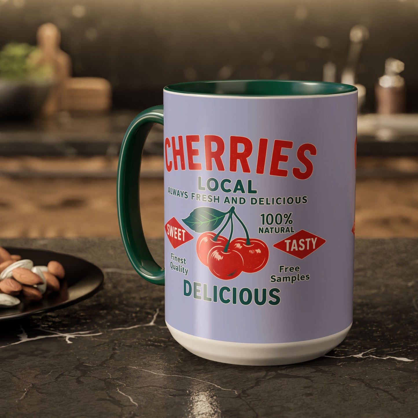 "Delicious Cherries", Colorful Mugs (11oz, 15oz) (Retro Periwinkle)