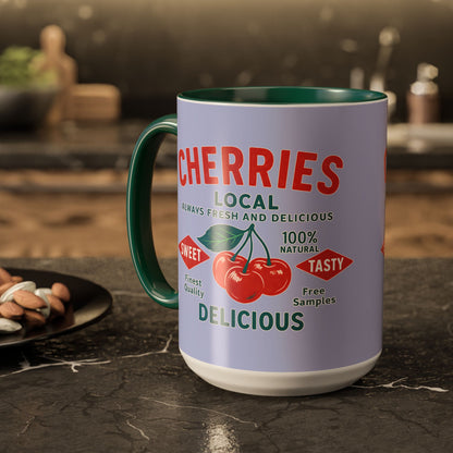 "Delicious Cherries", Colorful Mugs (11oz, 15oz) (Retro Periwinkle)