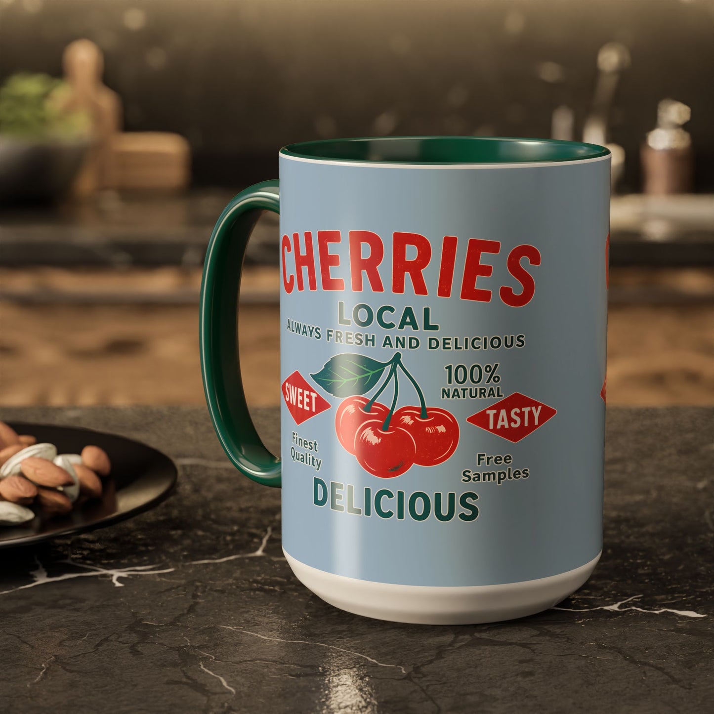 "Delicious Cherries", Colorful Mugs (11oz, 15oz) (Retro Sky)