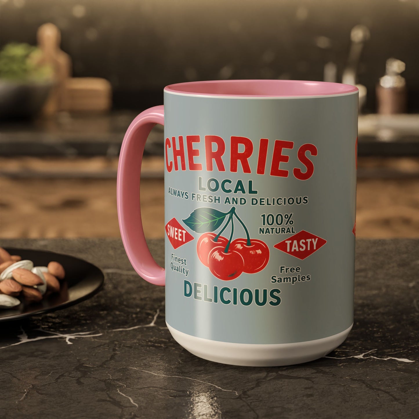 "Delicious Cherries", Colorful Mugs (11oz, 15oz) (Washed Silver-Blue)