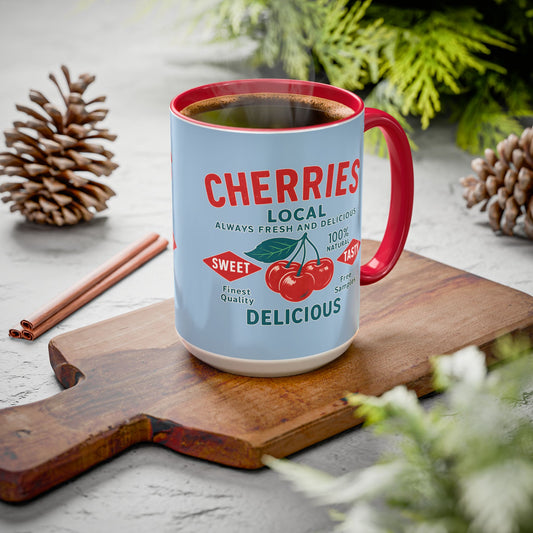 "Delicious Cherries", Colorful Mugs (11oz, 15oz) (Retro Sky)