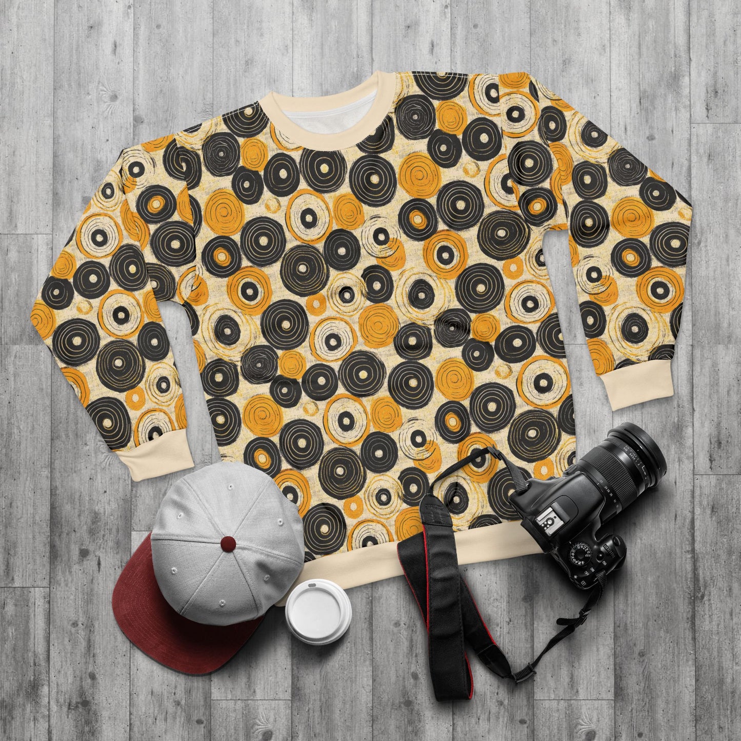 "Old 45's", Wearable Pattern Art Unisex Sweatshirt (Dough White Cuffs)
