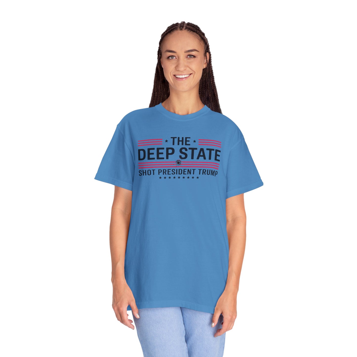 "The Deep State Shot President Trump" #02, Unisex White T-shirt