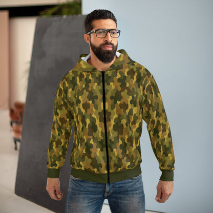 "SASR inspired Day-Ops Camouflage" Style 02, Unisex Wearable Art Zip Hoodie (SASR Green Cuffs and Waist)