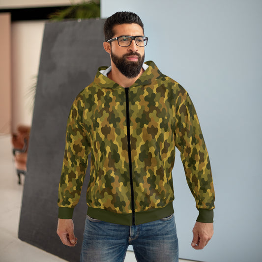 "SASR inspired Day-Ops Camouflage" Style 02, Unisex Wearable Art Zip Hoodie (SASR Green Cuffs and Waist)