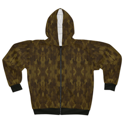 "Swamp Recon Camouflage", Unisex Wearable Art Zip Hoodie (Alligator Black Cuffs and Waist)
