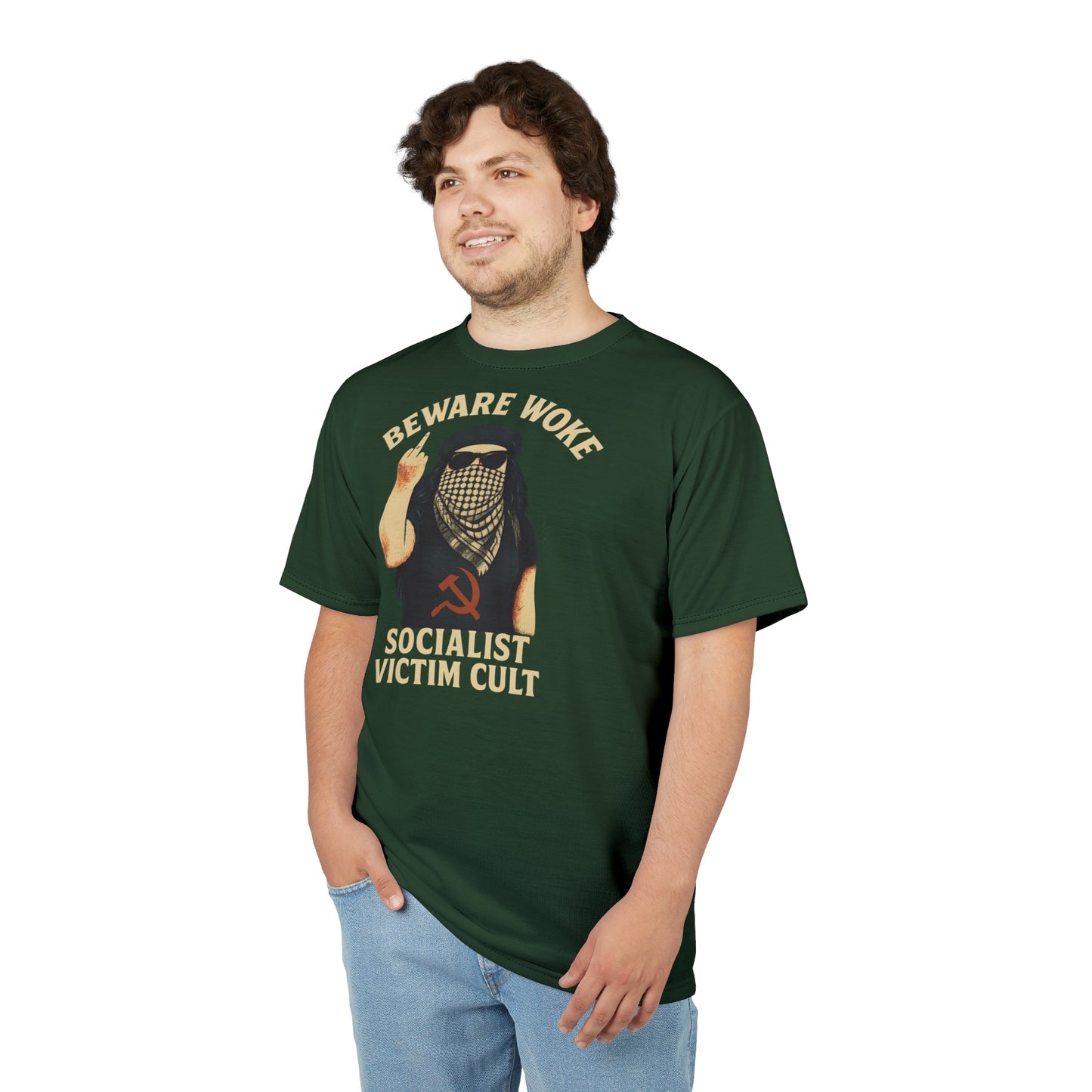 "Beware Woke - Voltaire", Wearable Art Unisex T-shirt (Mireleaf Green)