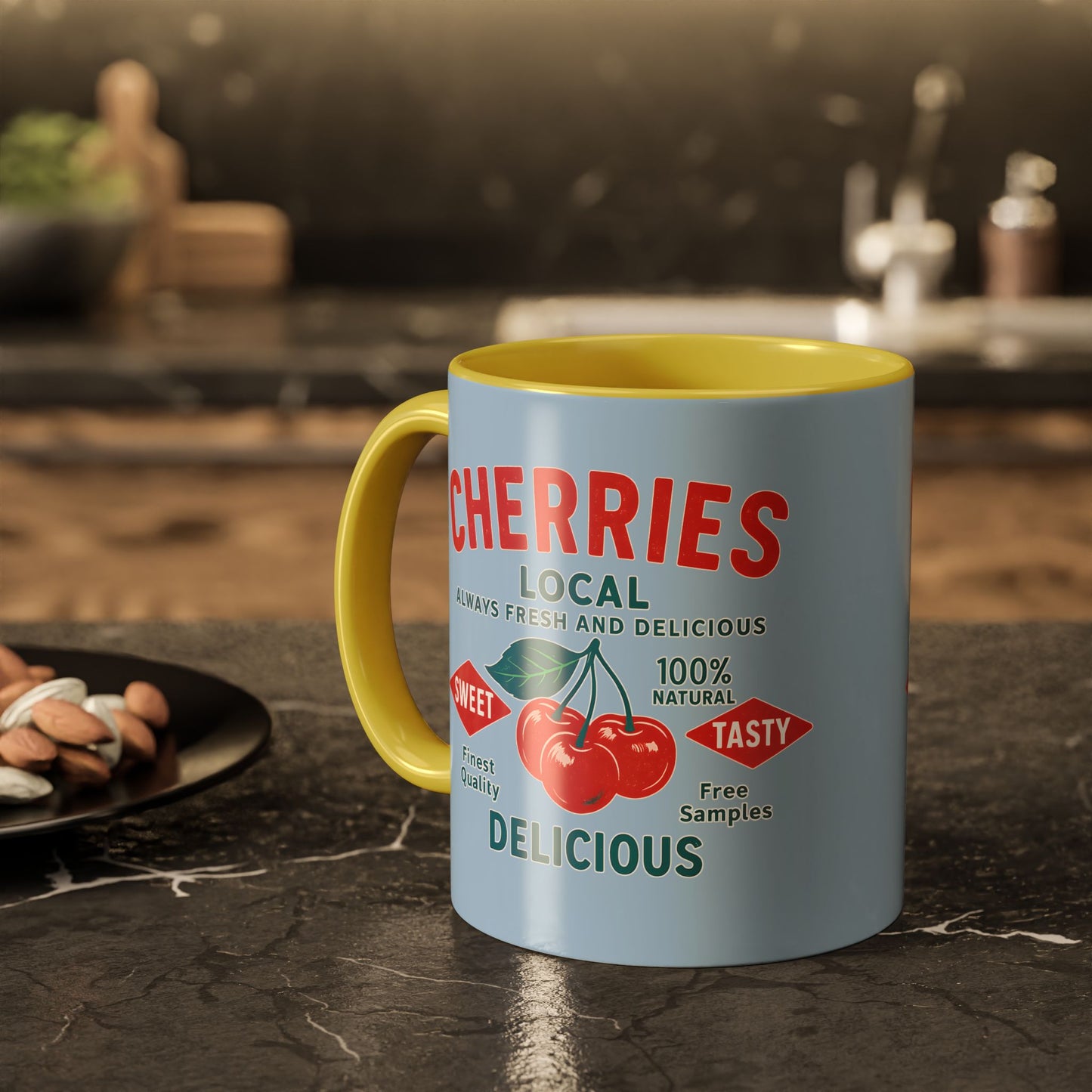 "Delicious Cherries", Colorful Mugs (11oz, 15oz) (Retro Sky)