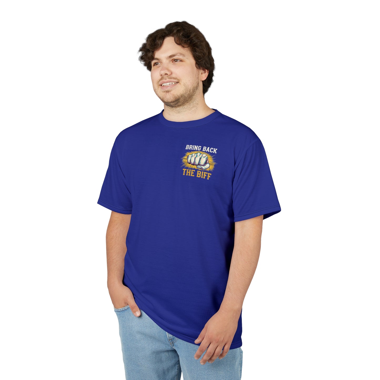 "Bring Back The Biff", Unisex T-shirt (Cobalt Ore Blue)