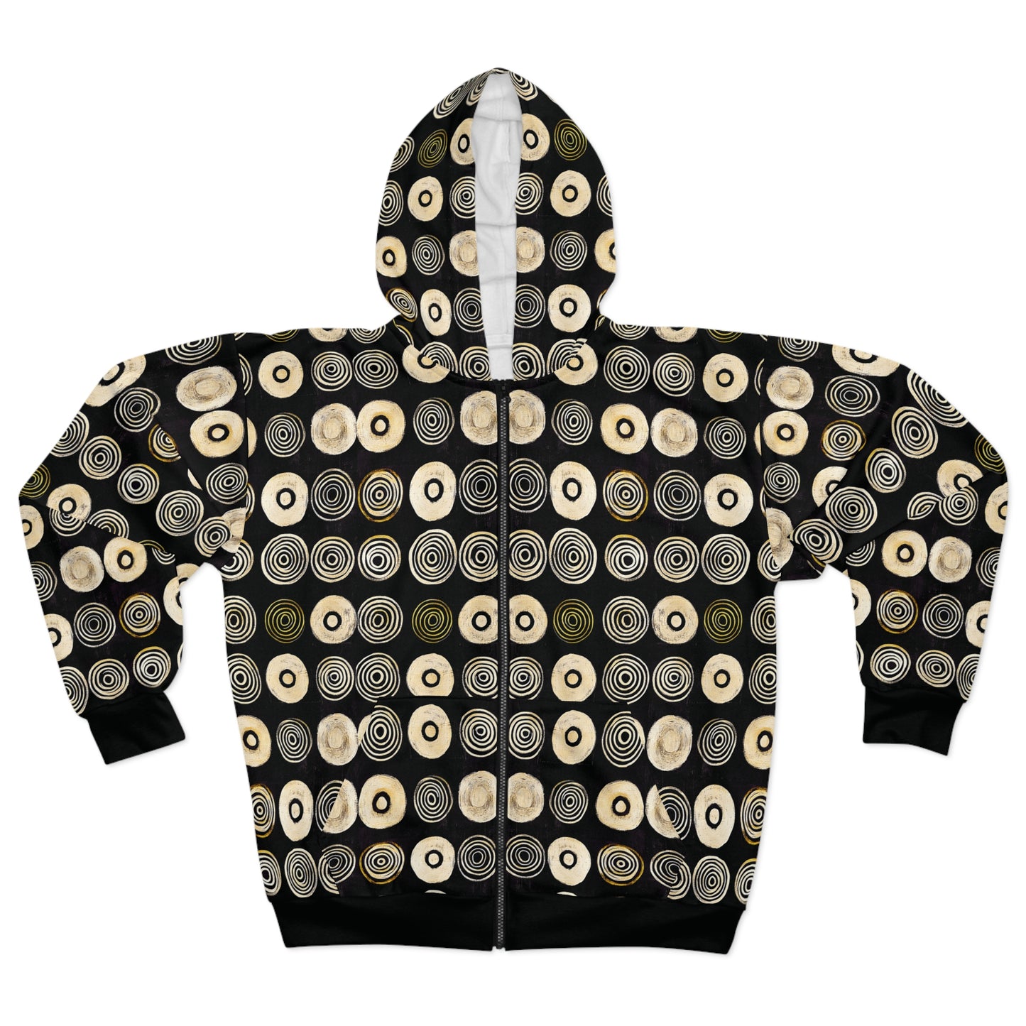 "Punk Polka", Wearable Pattern Art Unisex Zip Hoodie (Plain Black Cuffs)