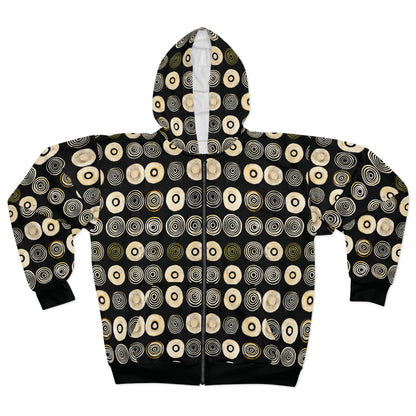 "Punk Polka", Wearable Pattern Art Unisex Zip Hoodie (Plain Black Cuffs)