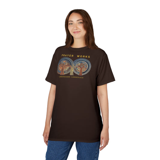 "Prayer Works – Gaelic Christian", Wearable Fine Art Unisex T-shirt (Rich Soil Brown)