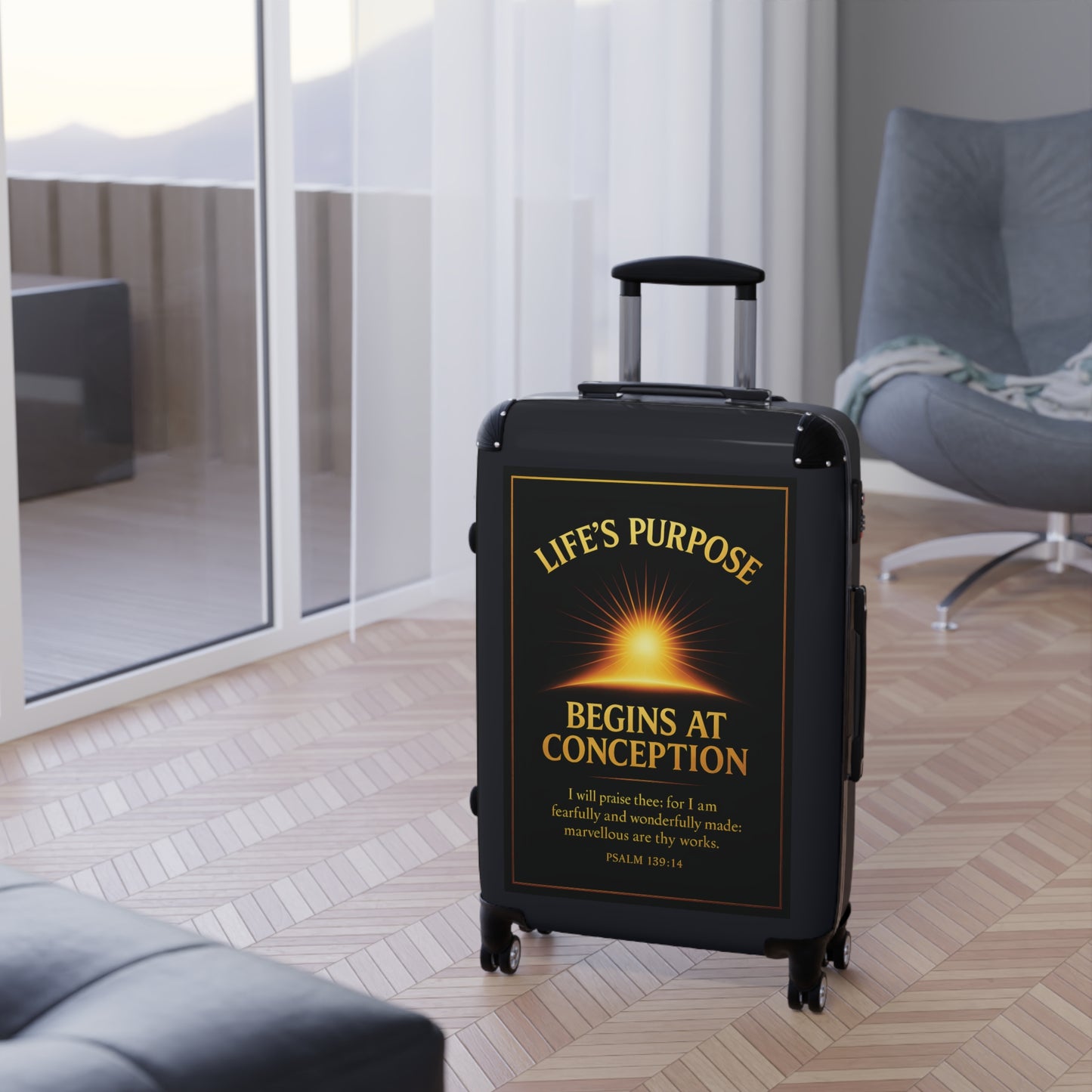 "Life's Purpose, Psalm 139:14", Suitcase (Black Denim)
