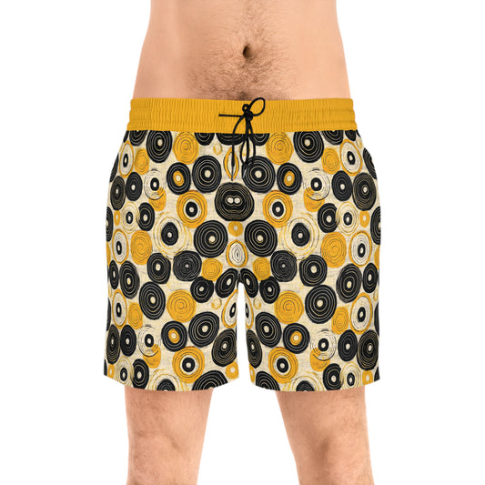 "Old 45's", Men's Mid-Length Swim Shorts (Cyber Yellow Cuffs)