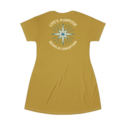 "Life's Purpose Begins at Conception #01", T-Shirt Dress (Crispy Gold)