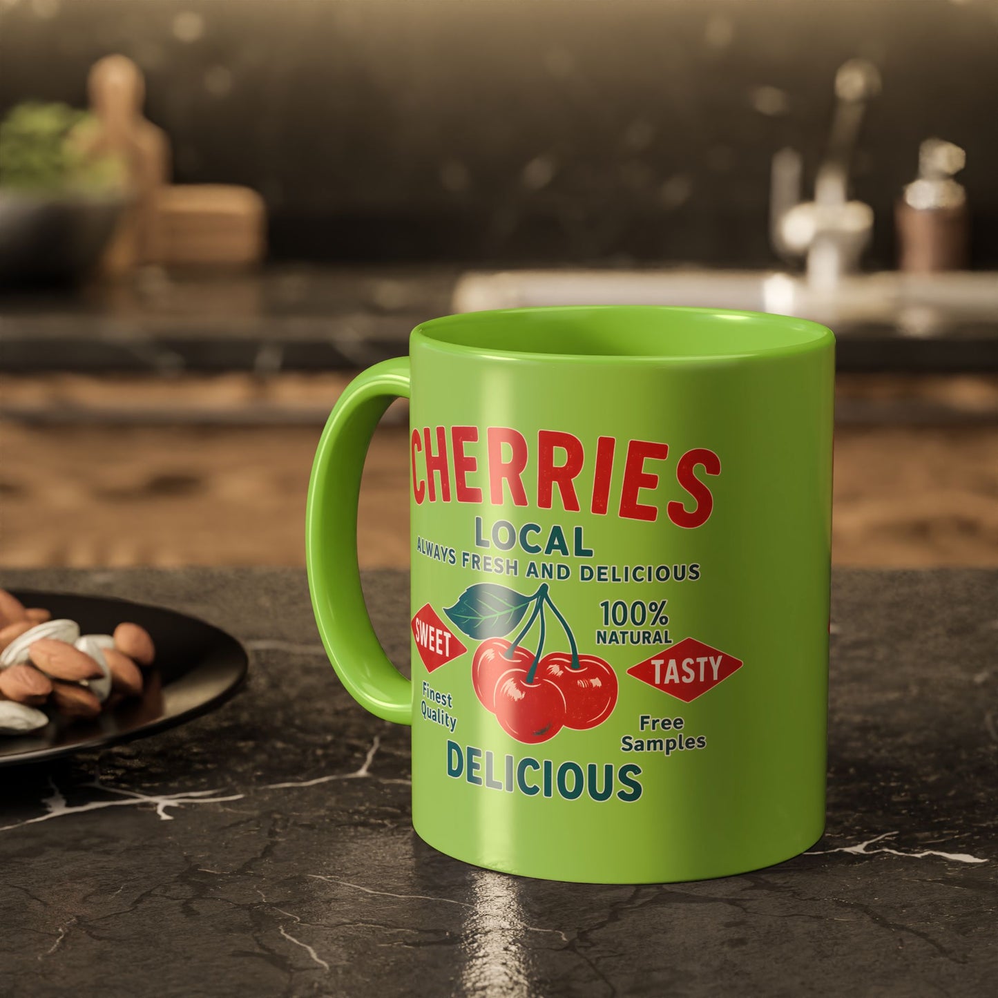 "Delicious Cherries", Colorful Mugs (11oz, 15oz) (Orchard Lime)