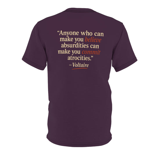 "Beware Woke - Voltaire", Wearable Art Unisex T-shirt (Blackberry Wine)