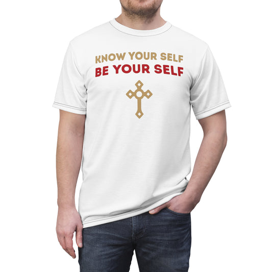 "Know Your Self", Unisex T-shirt (Foamy Milk White)