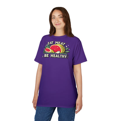 "Eat Meat & Be Healthy", Unisex T-shirt (Deep Purple)