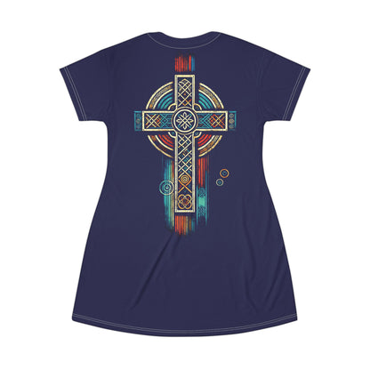 "Ancestral Faith", Wearable Art T-Shirt Dress (Obsidian Blue)