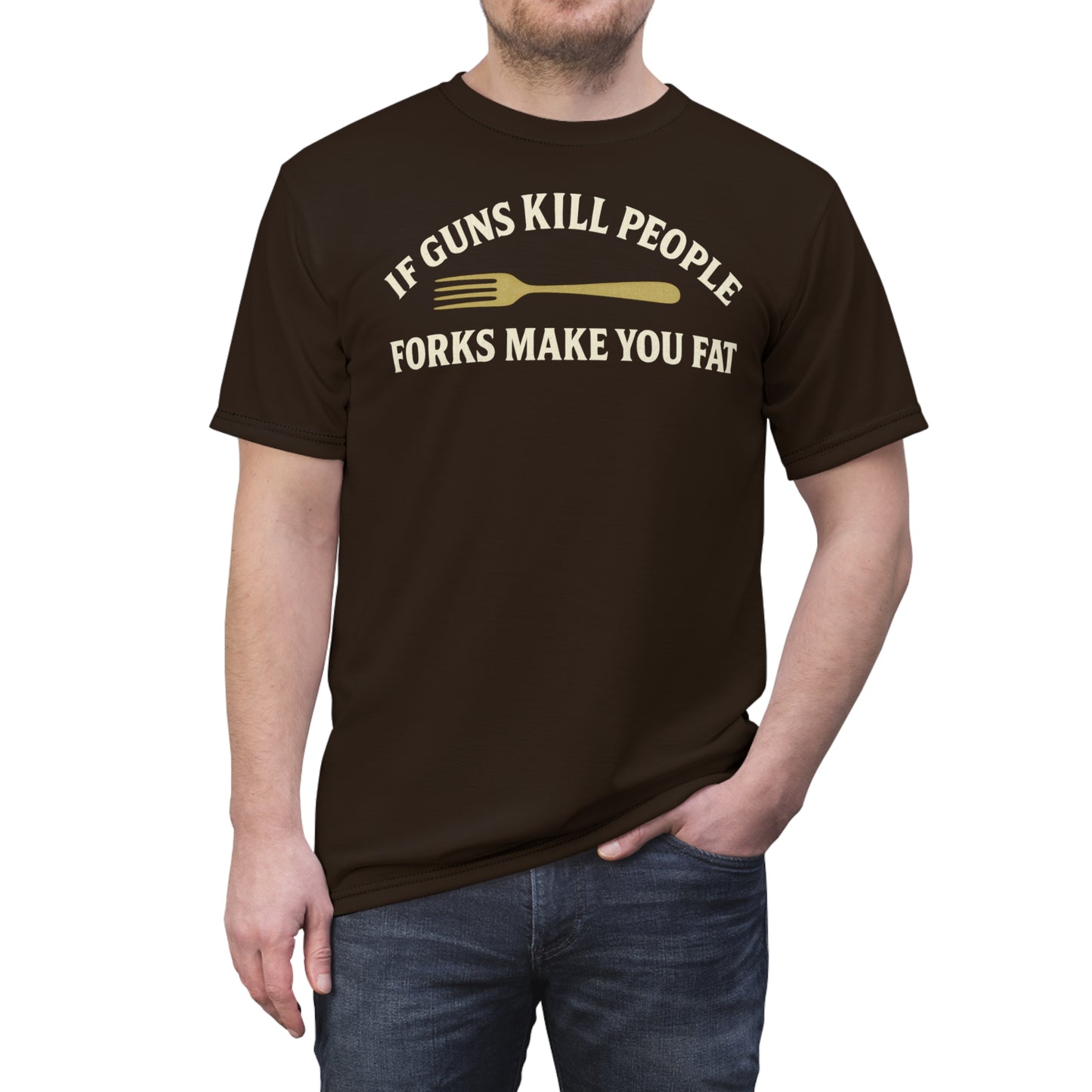 ''Forks Make You Fat", Unisex T-shirt (Peatshadow Brown)