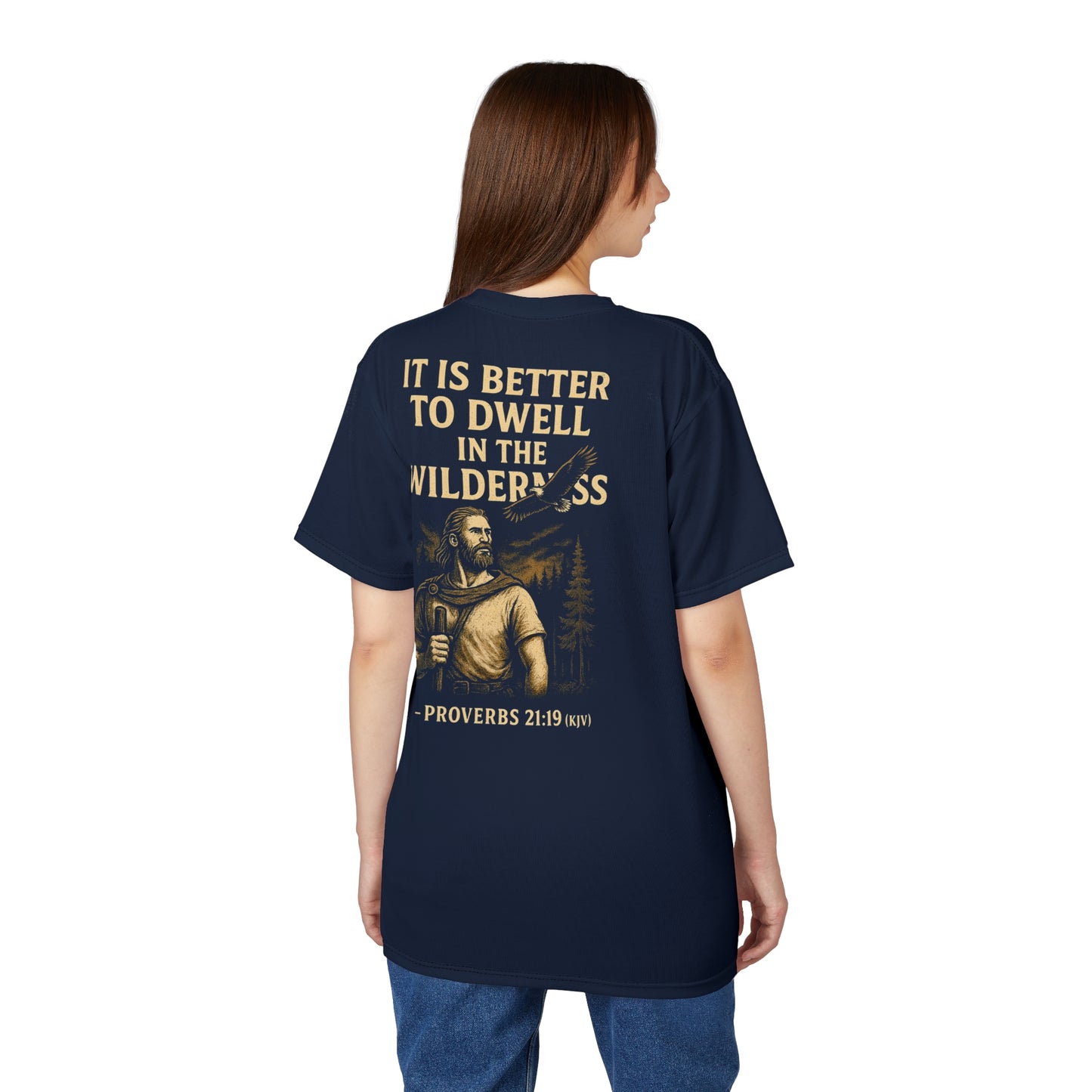 "Proverbs 21:19 (KJV)", Wearable Art Unisex T-shirt (Dark Cambridge Blue)