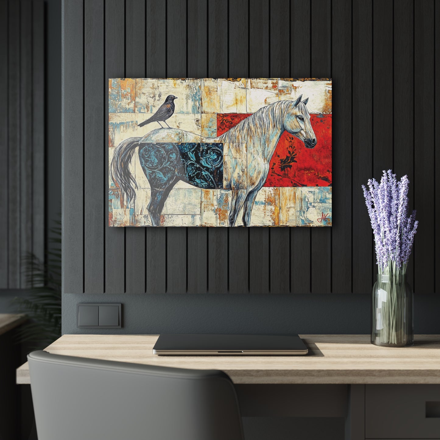 "Series: White Horse with Bird #01", Fine Art Acrylic Wall Prints (French Cleat Hanging)