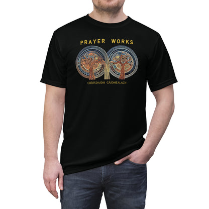 "Prayer Works – Gaelic Christian", Wearable Fine Art Unisex T-shirt (Peatshadow Black)