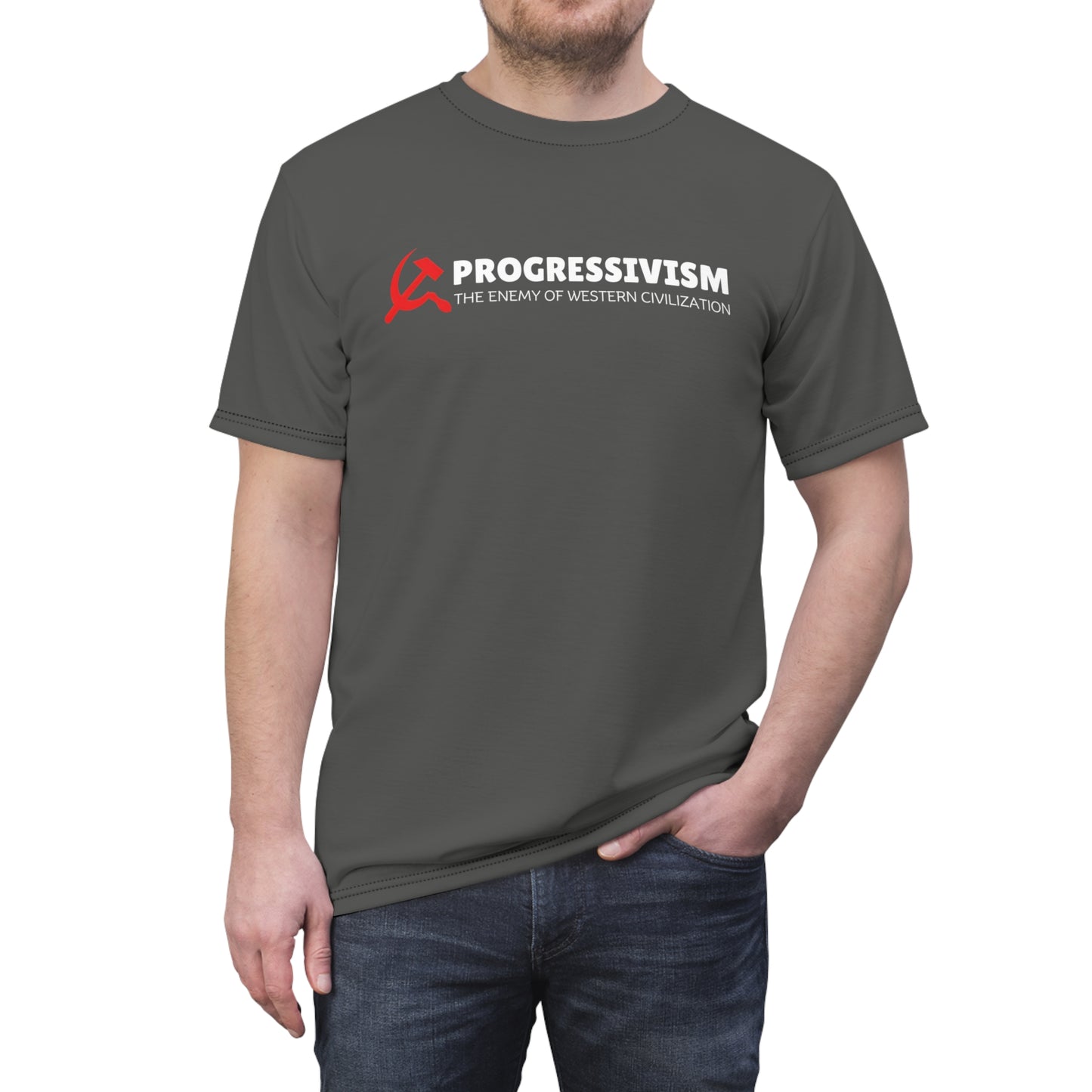 "Progressivism - Enemy of Western Civilization", Unisex Tee (Panzer Grey)