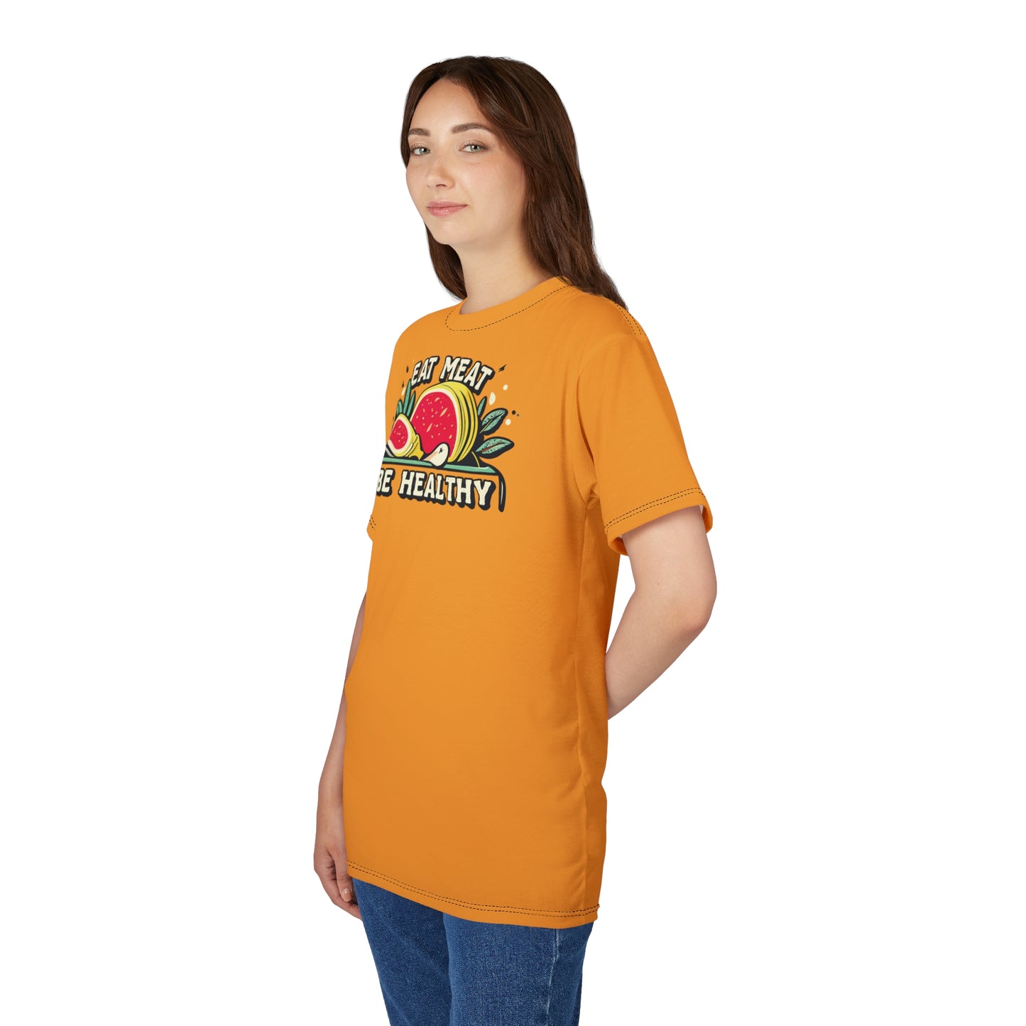 "Eat Meat & Be Healthy", Unisex T-shirt (Deep Saffron)