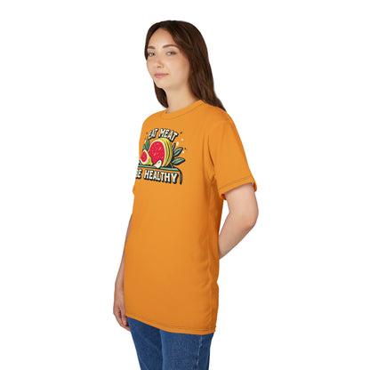"Eat Meat & Be Healthy", Unisex T-shirt (Deep Saffron)
