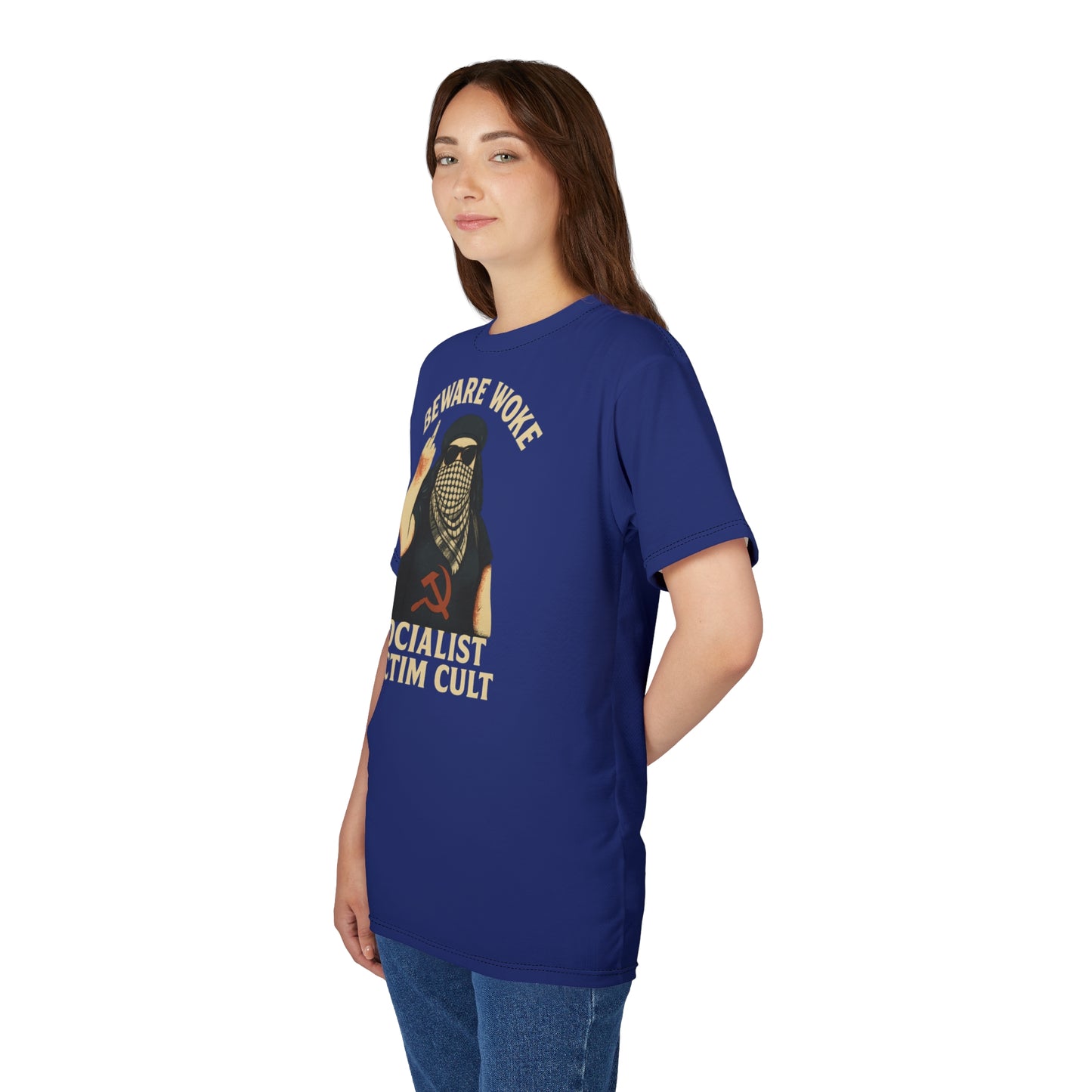 "Beware Woke - Voltaire", Wearable Art Unisex T-shirt (Twilight Blue)