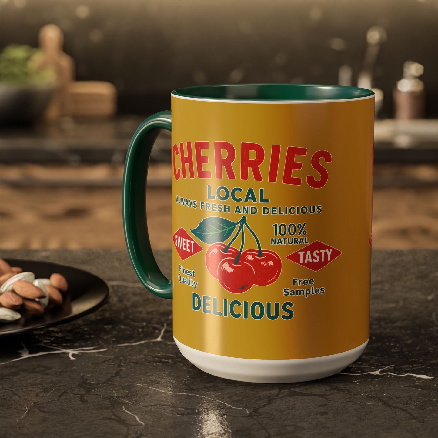 "Delicious Cherries", Colorful Mugs (11oz, 15oz) (Forgelight Gold)